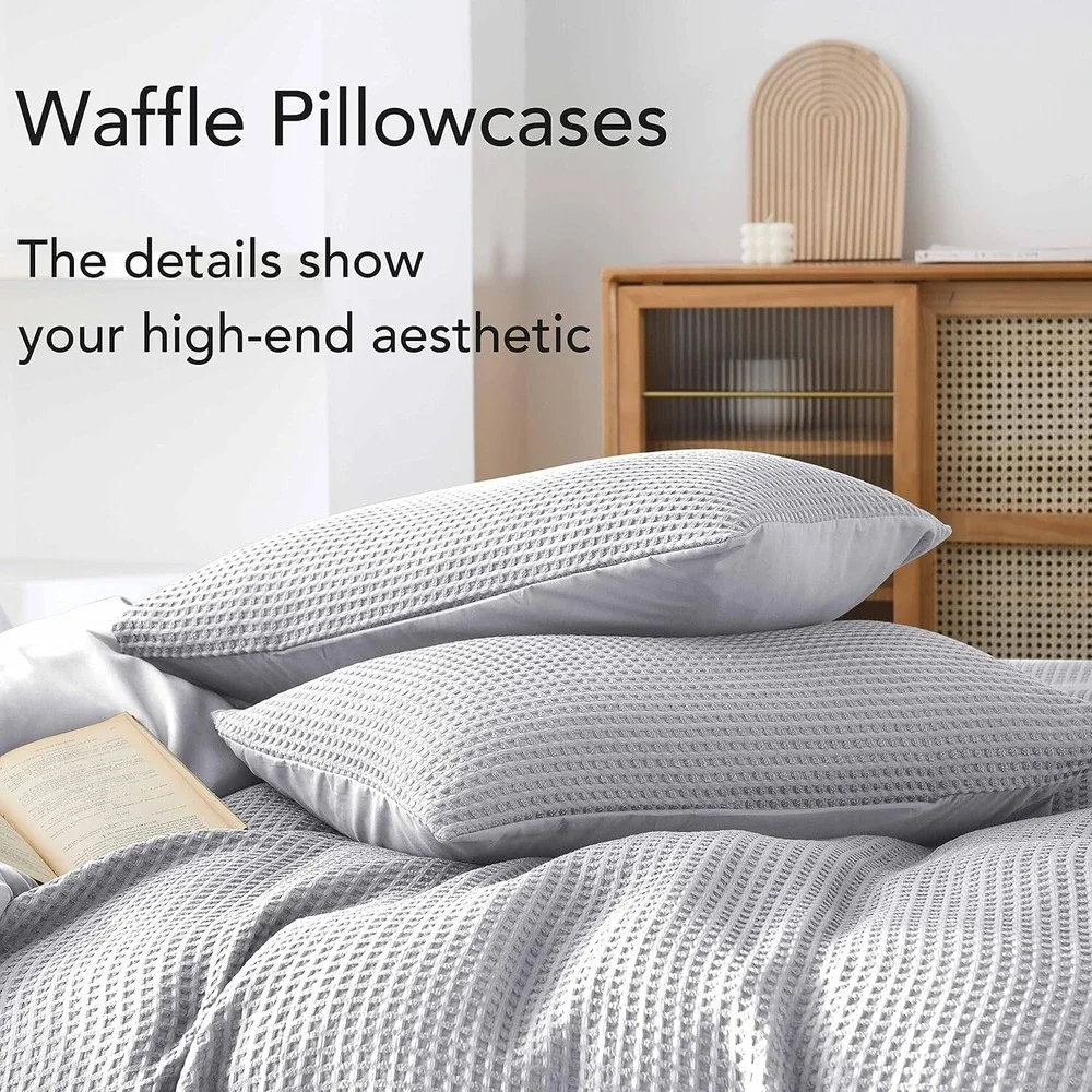 Moonline Waffle Weave King Duvet Cover 3 Piece Set Grey King